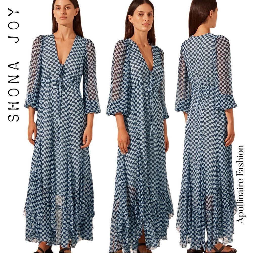 SHONA JOY ELINA DRAWSTRING MAXI DRESS IN NAVY ON BLUE SIZE 8 NWT